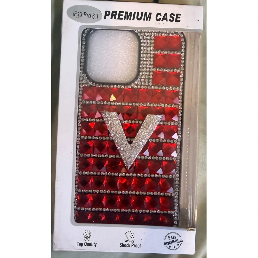 Red Rhinestone Bling Case for iPhone 13 Pro 6.1 Silver V Logo Crystal Cover NEW